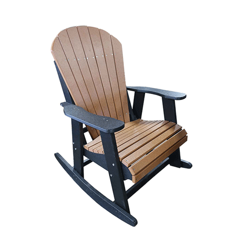 Rocking chair with a cedar back and seat and black arm rests and rockers.